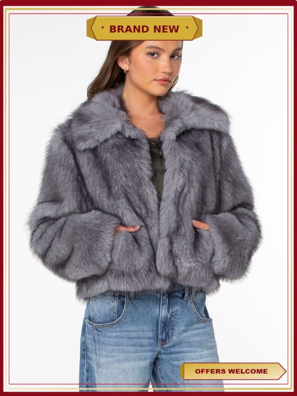 Faux Fur Collared Jacket Hook & Eye Closure Front Pockets